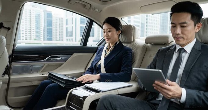 Business professionals inside a vehicle engaging with digital devices