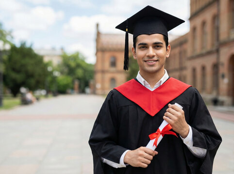 young fair indian male student in graduation gown holding diploma smiling confidently on university campus representing overseas education scholarship achievement and academic success