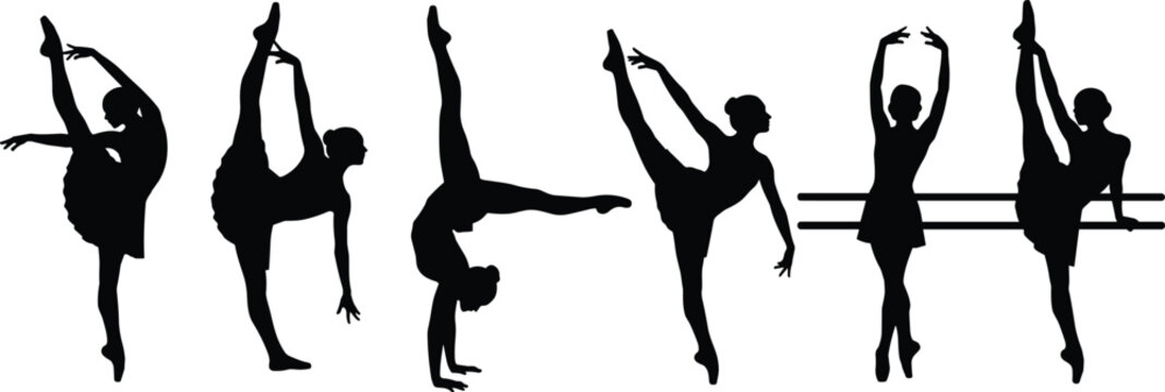 Set of ballet dancer silhouettes demonstrating different poses including arabesque, handstand, and split on white background, elegant performance art vector illustration for design.