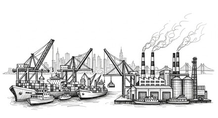 Industrial port with cranes and factories emitting smoke. © Dede