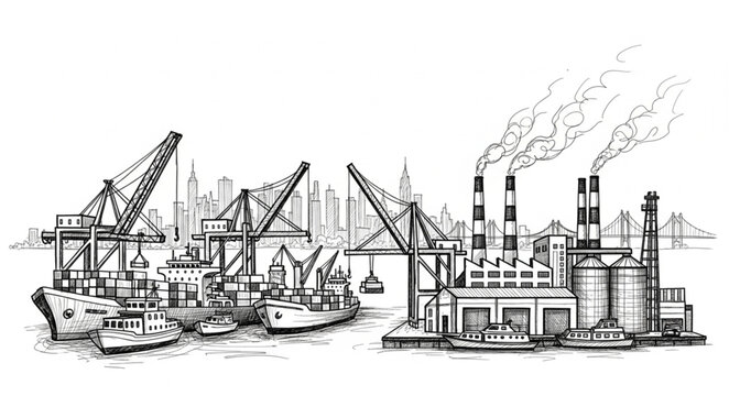 Industrial port with cranes and factories emitting smoke.