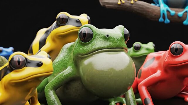 Many colorful frogs and a large toad against a dark background