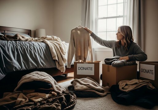 A woman is sorting through clothes to donate, placing items into cardboard boxes labeled 'DONATE' in a bedroom setting.