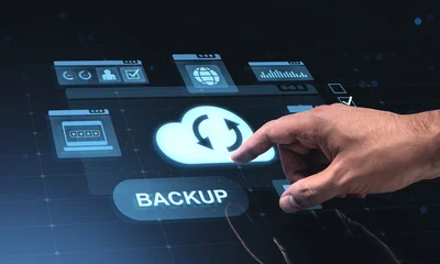 Fotobehang Onderzeeër Hand interacting with virtual backup hologram on futuristic screen interface in digital environment with glowing cloud icon and transparent background.  © ImageFlow