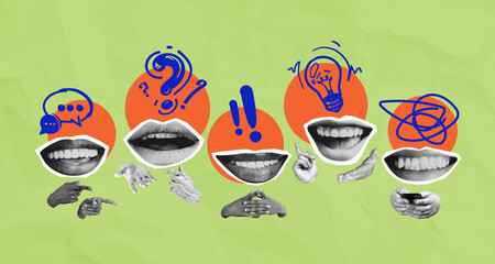 Creative communication concept with expressive mouths, hands, and icons on colorful abstract...
