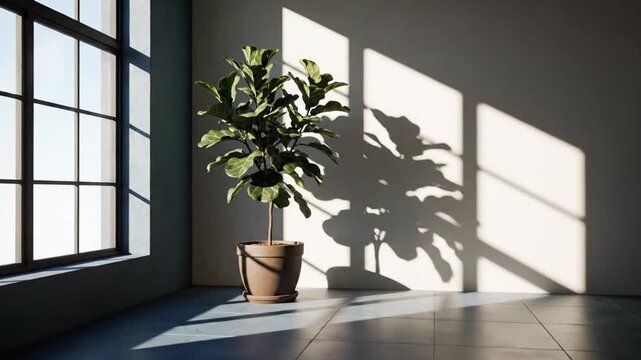 A potted plant stands alone in a bright, sunlit empty room with large windows casting shadows on the wall, a serene indoor scene from a corner viewpoint