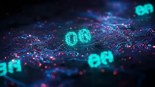 Glowing binary code on a futuristic digital landscape viewed from above with neon lights and circuitry patterns