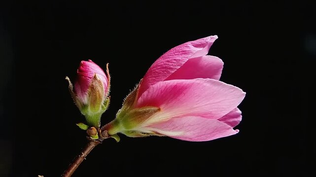 A delicate pink flower budding on a slender stem, against a dark background, captured in a close-up view