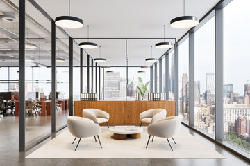 Fototapeta na wymiar Contemporary office interior with minimalist seating area and panoramic city view through glass walls in modern workspace design concept. 3D Rendering