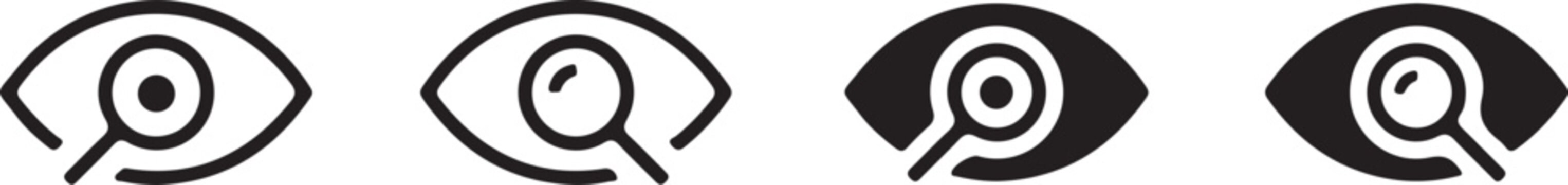 Eye icon with magnifying glass set, vision search symbol and observation discovery signs in minimalist linear and solid style.