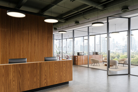 Contemporary office interior with wooden reception desk and glass meeting room overlooking city skyline in bright daylight setting. 3D Rendering