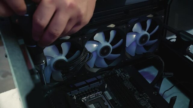 Unscrewing the screws securing the motherboard inside the desktop computer case using a screwdriver during system disassembly
