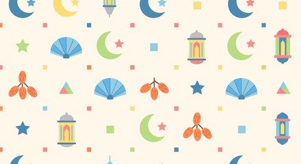 Minimal Cute Ramadan Icons Seamless Flat Vector Kids Pattern