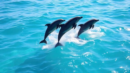 Obraz premium Three dolphins leaping together in clear blue ocean water under sunlight.