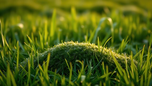  A subtle grassy mound with morning dew, a slight elevation in the natural terrain. 