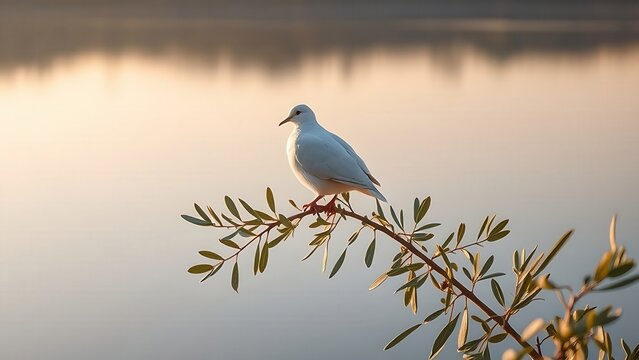White dove perched on olive branch against calm lake at dawn. 