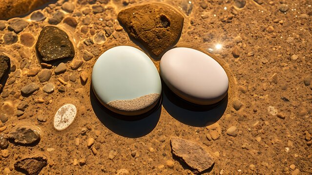 Two smooth river stones resting on a sandy stream bed, natural textures. 