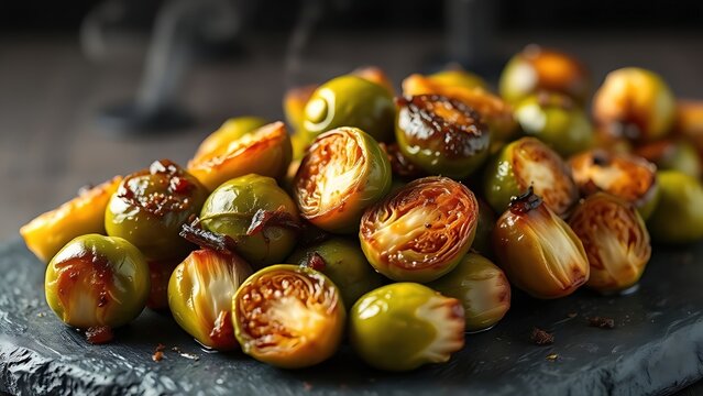 Close-up of caramelized Brussels sprouts on dark slate, steam rising. 