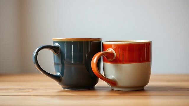  Two ceramic mugs of different colors interlocked on a wooden table. 