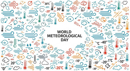 World meteorological day colorful icons background with weather symbols and temperature readings
