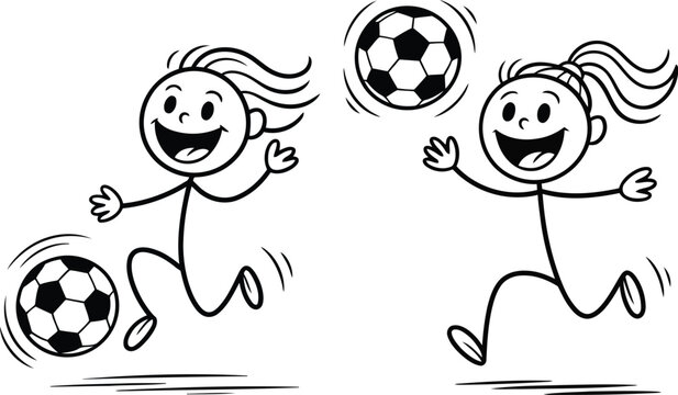 Cheerful stick figure girls enjoy a playful game of soccer with balls on a clean white surface