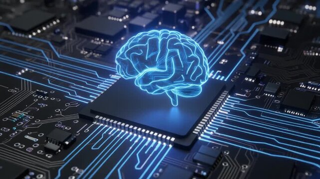 "A glowing blue brain integrated with a computer chip, circuit lines radiating outward, symbolizing artificial intelligence, machine learning, and the fusion of cognition with advanced computing."