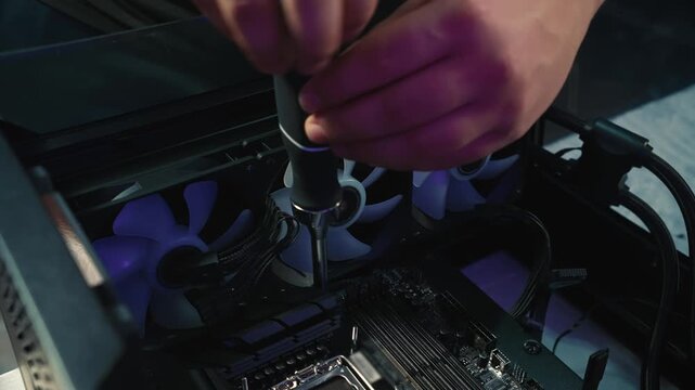 Unscrewing one of the screws securing the motherboard inside the desktop computer case during system disassembly
