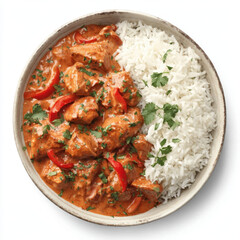 Chicken tikka masala with basmati rice and herbs served in bowl top view