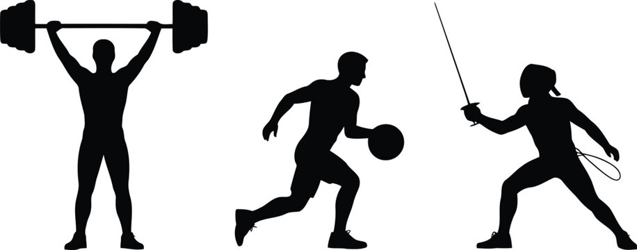 Diverse athletic figures portray individual sporting disciplines like weightlifting basketball and competitive fencing