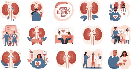 World Kidney Day Illustration Set with Doctors Patients and Renal Health Care Concepts