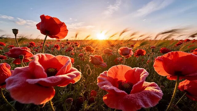Red poppy flower field blooming under sunset sunlight