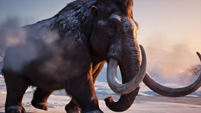 A majestic mammoth stands alone on a frozen tundra landscape at sunrise with misty atmosphere