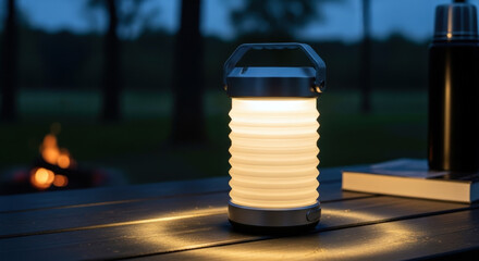Collapsible LED lantern glowing on wooden table at dusk &mdash; ideal for camping, emergency lighting and portable outdoor illumination.