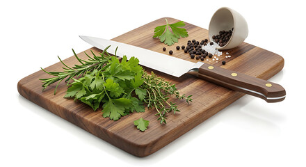 A knife and various herbs on a wooden cutting board with peppercorns mining things