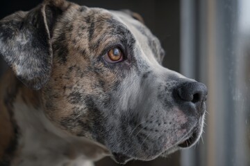 Close-up of a brindle dog with brown eyes gazing out of a window, showcasing its distinctive coat patterns and attentive expression in a softly lit indoor setting