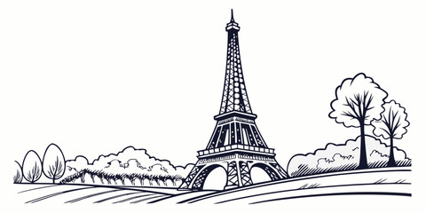 The iconic eiffel tower standing tall against a serene landscape with trees and a bridge. © Mamun