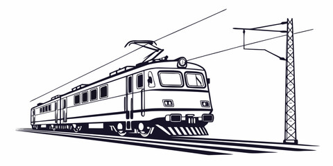 A vintage train traveling along tracks with overhead electric wires and a pole © Mamun