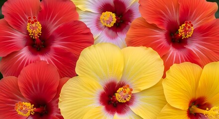 Fototapeta premium A vibrant close-up of multiple colorful hibiscus flowers in shades of red, yellow, and orange, showcasing their intricate petals and prominent stamens.