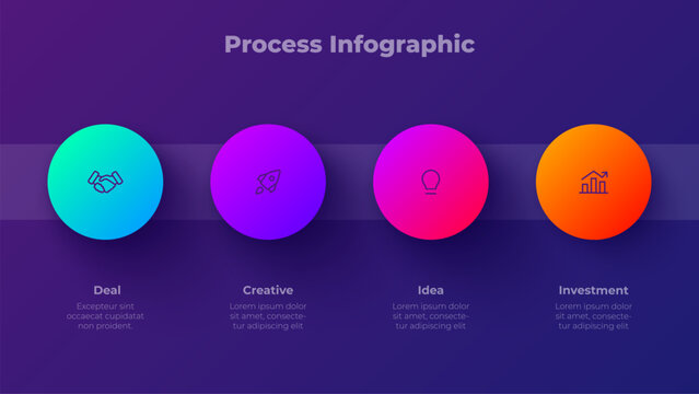 Minimalist infographic template with 4 steps on horizontal strip. Dark vector business chart