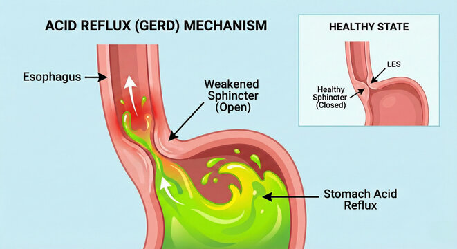 Acid Reflux GERD Mechanism and Weakened Esophageal Sphincter Diagram