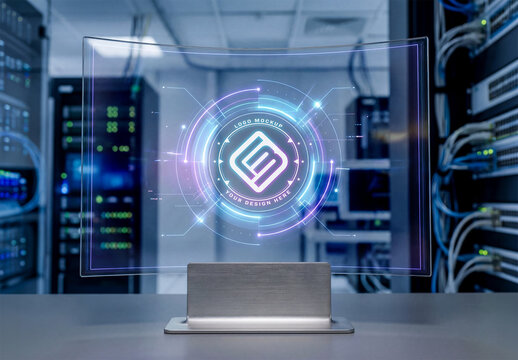 Holographic Display Stand Logo Mockup in Futuristic Interior