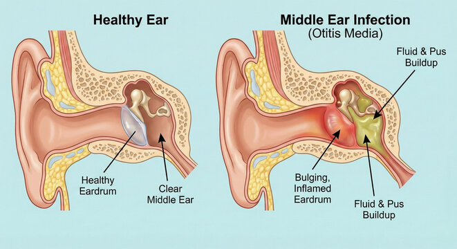 Healthy Ear vs Middle Ear Infection Otitis Media Anatomy