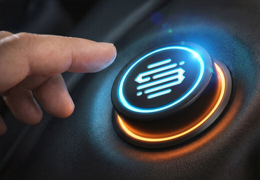 Man Finger Pushing a Glowing Blue and Orange Circular Button Logo Mockup