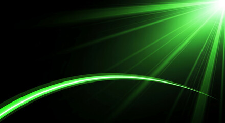 Image of green light rays on black, with a curved line. It represents illumination, guidance, or futuristic technology, with a sense of forward movement.