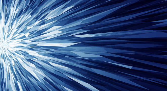 Abstract image with sharp, angled, blue geometric shapes radiating from a central bright spot, suggestive of modern design or technological advancement