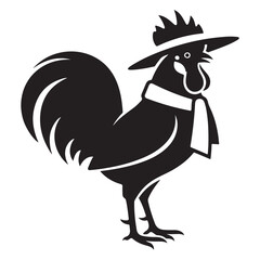 A stylish rooster wearing a hat and scarf
