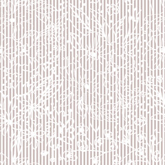 Abstract geometric background with vertical stripes and hand drawn doodle flowers. Vintage vector seamless pattern with lines. Retro repeat ornament wallpaper. Soft colored fashion allover print