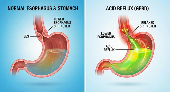 Acid Reflux GERD Condition Normal Esophagus vs Stomach