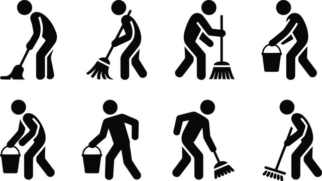 Eight minimalist black silhouette icons showing individuals performing common floor cleaning actions