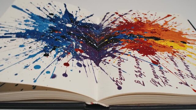 A creative splash of paint on a blank open book page viewed from a high angle